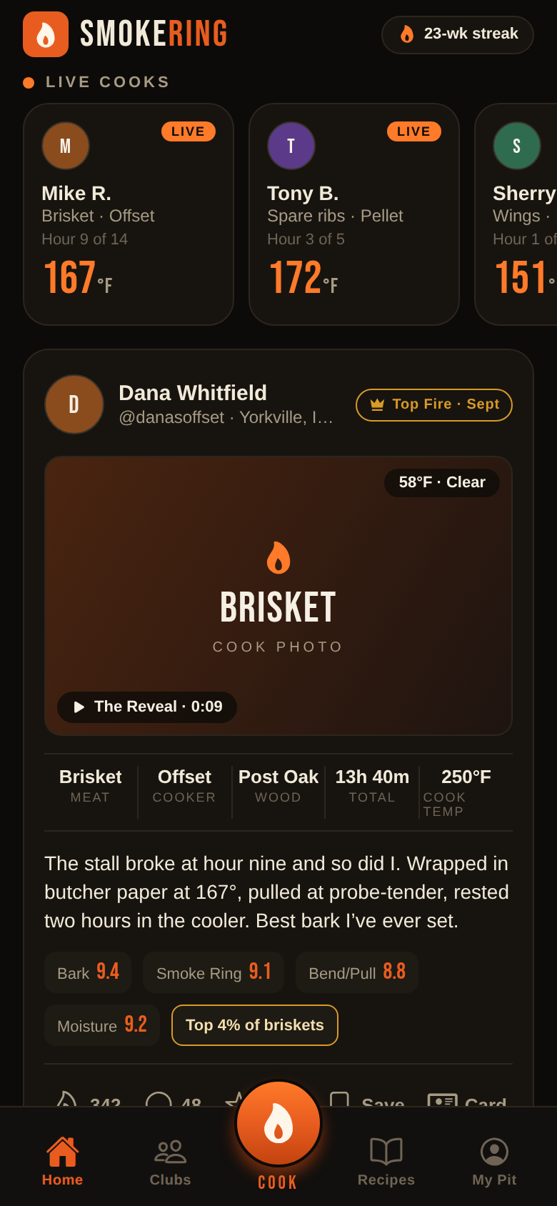 SmokeRing home feed — live cooks and cook posts